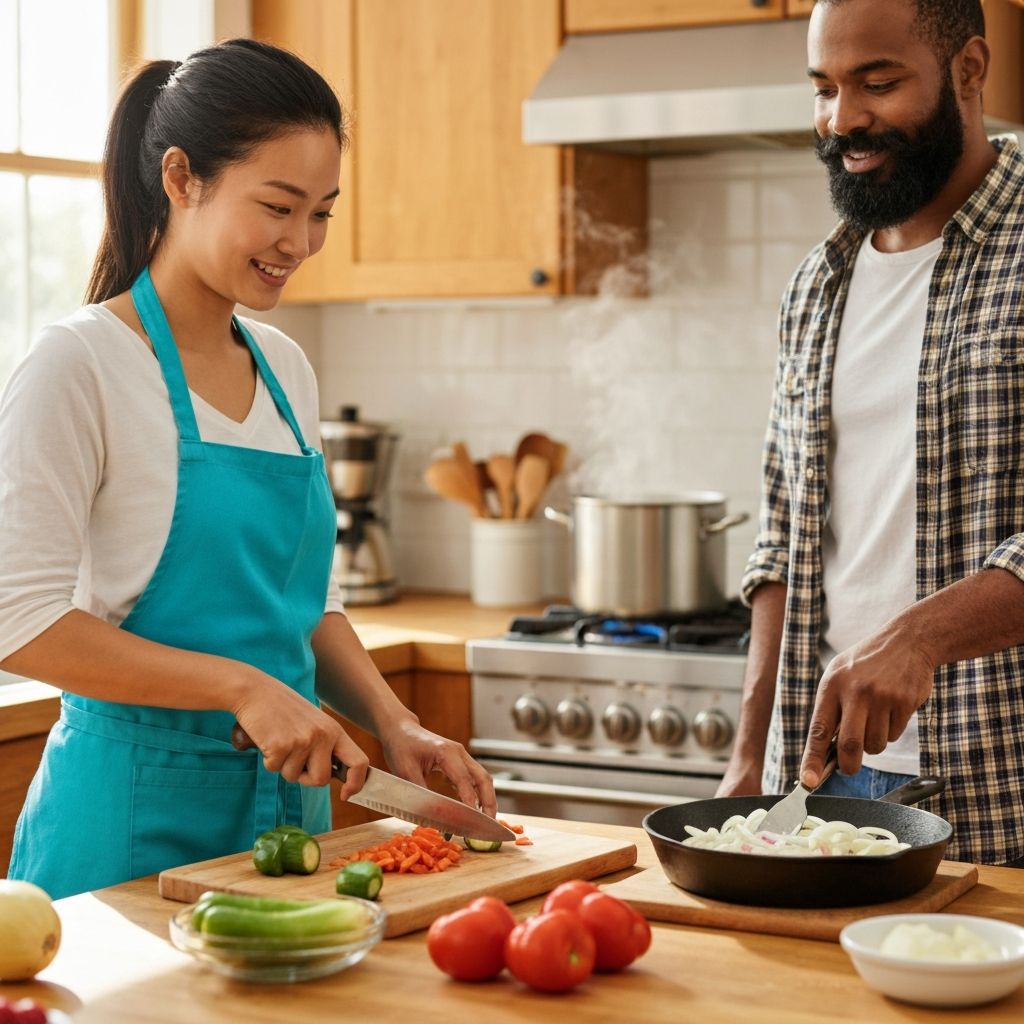 Händer förbereder och hugger grönsaker i köket